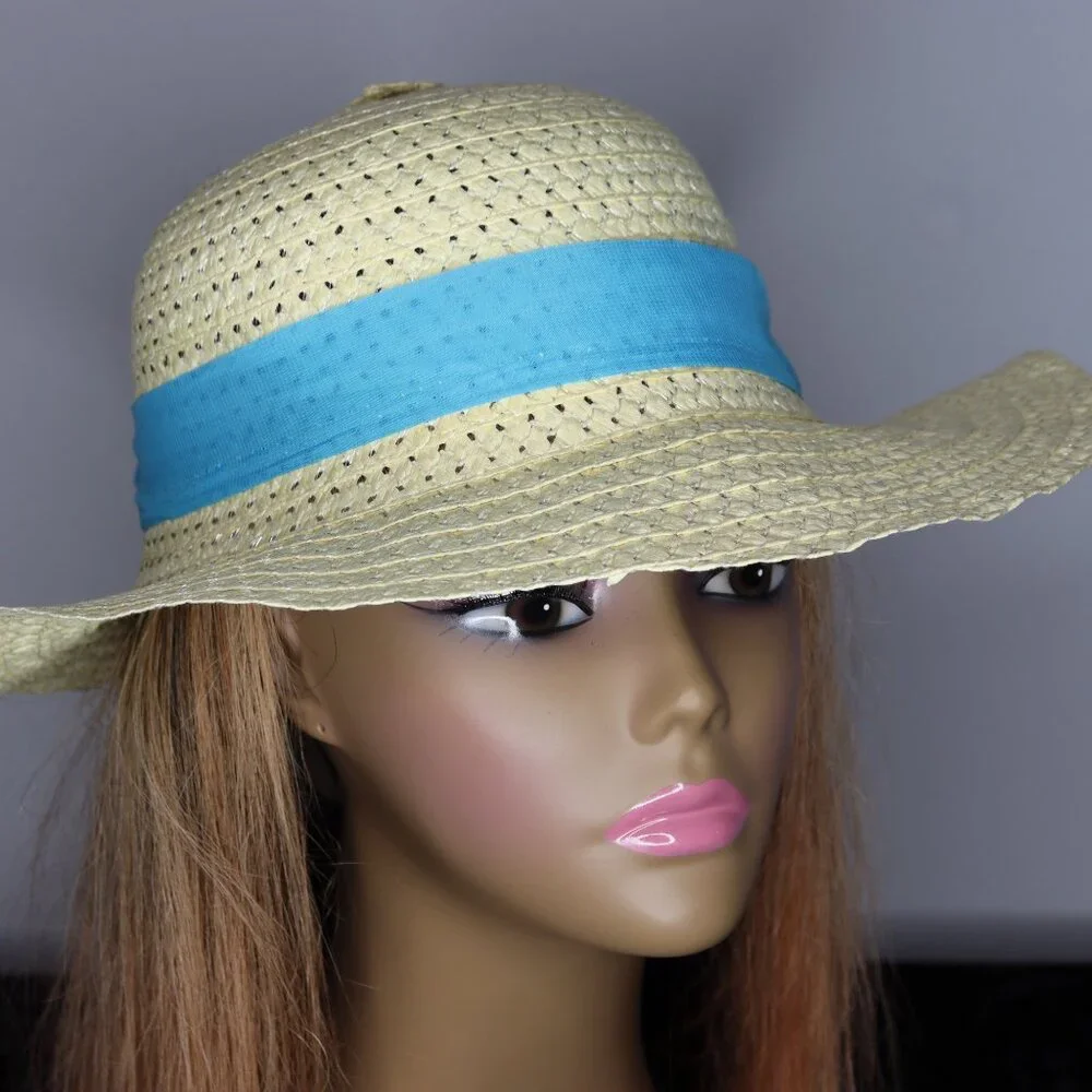 Women's Straw Sun Hat with Ribbon Band - Blue - Picture 2 of 2